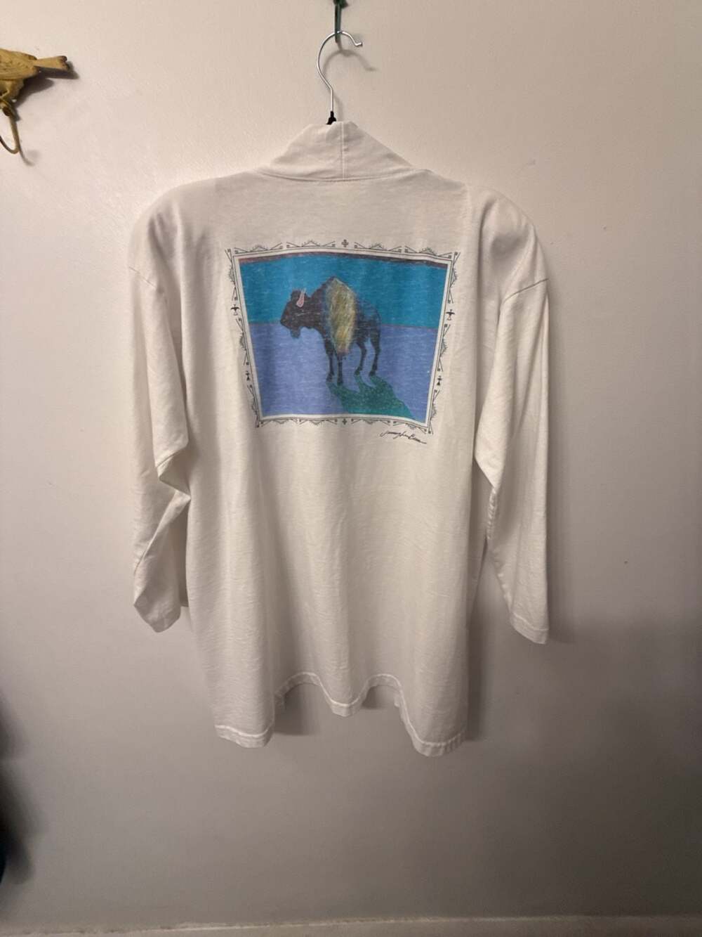 Arriba Concepts White Long Sleeve Open Front Cardigan with Buffalo Graphic Back
